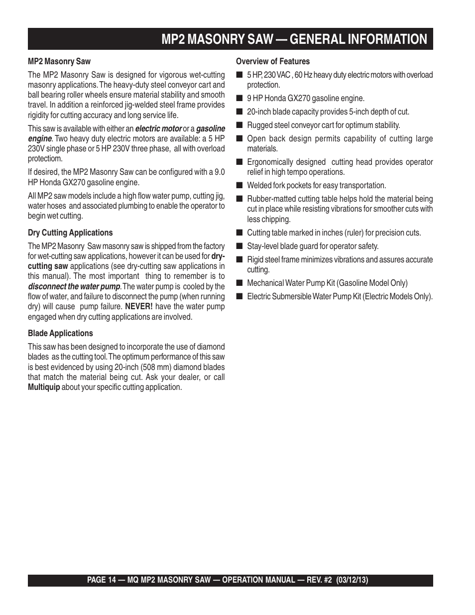 Mp2 masonry saw — general information | Multiquip MP2090HP User Manual | Page 14 / 42