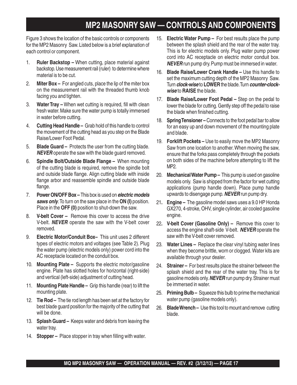 Mp2 masonry saw — controls and components | Multiquip MP2090HP User Manual | Page 17 / 42