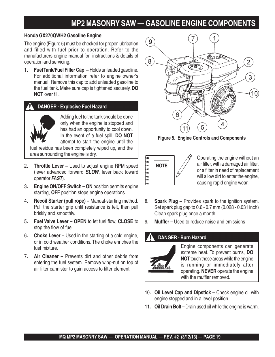 Mp2 masonry saw — gasoline engine components | Multiquip MP2090HP User Manual | Page 19 / 42