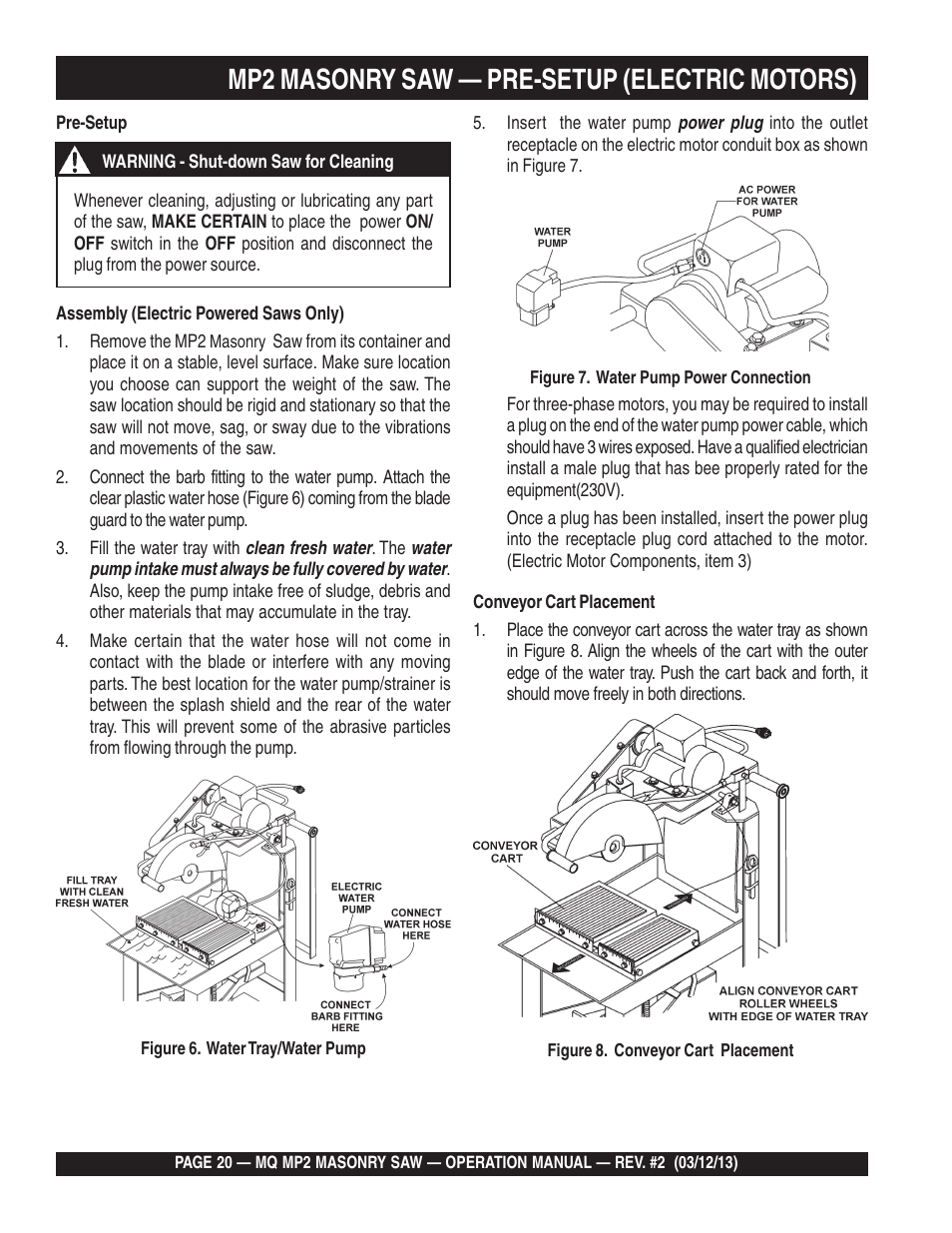 Mp2 masonry saw — pre-setup (electric motors) | Multiquip MP2090HP User Manual | Page 20 / 42