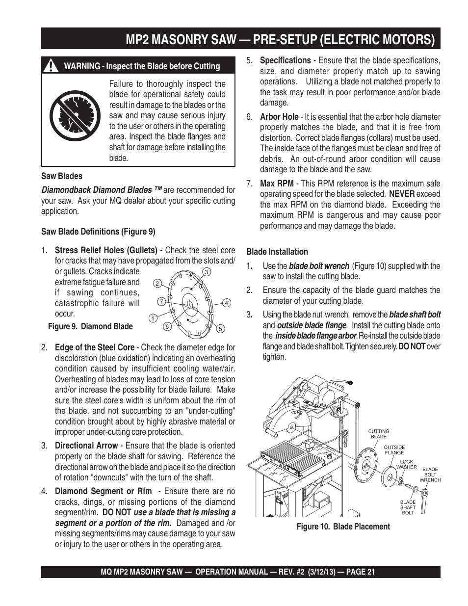 Mp2 masonry saw — pre-setup (electric motors) | Multiquip MP2090HP User Manual | Page 21 / 42