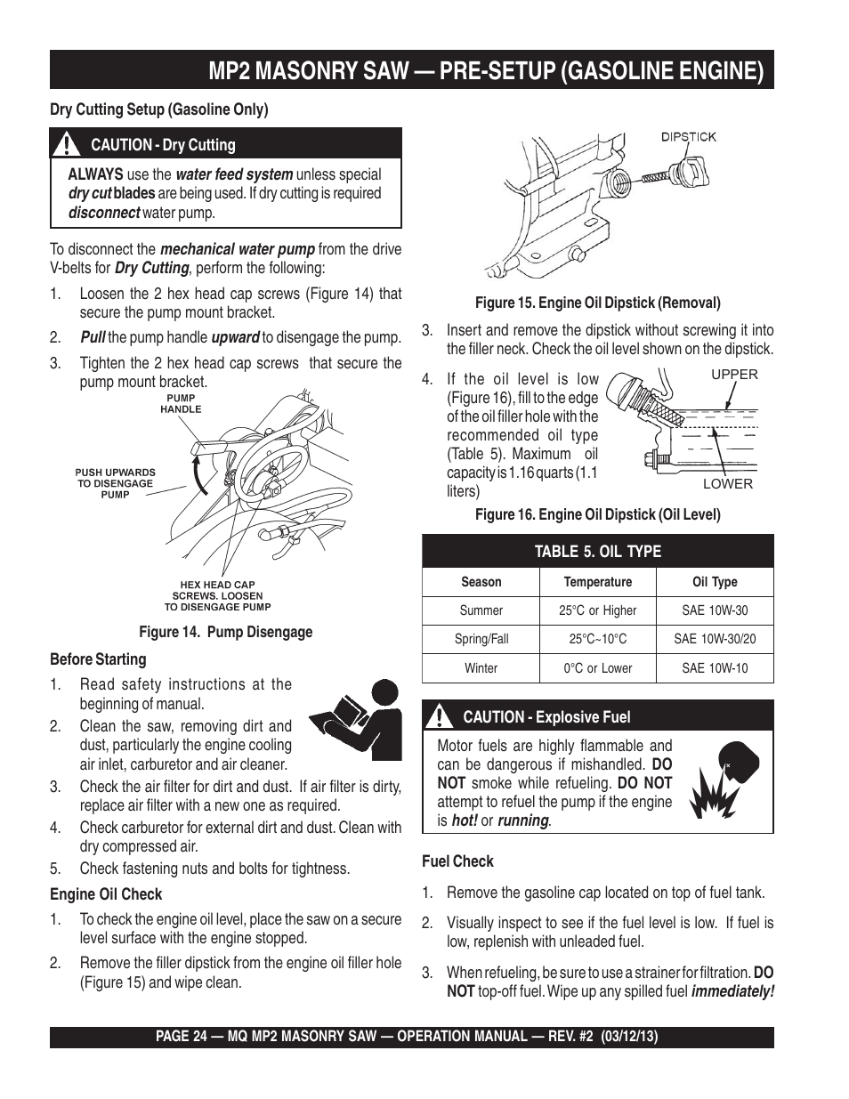 Mp2 masonry saw — pre-setup (gasoline engine) | Multiquip MP2090HP User Manual | Page 24 / 42