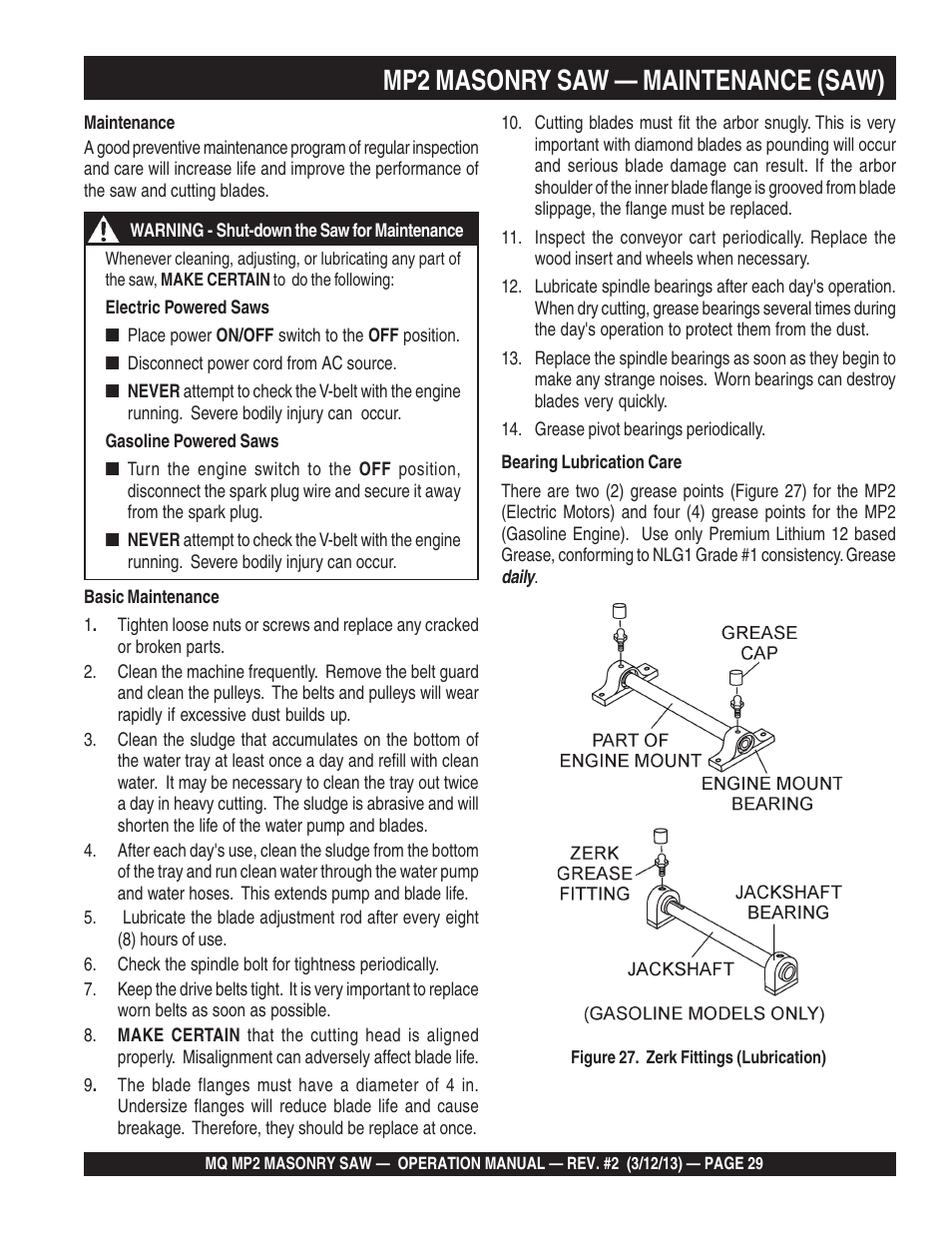 Mp2 masonry saw — maintenance (saw) | Multiquip MP2090HP User Manual | Page 29 / 42