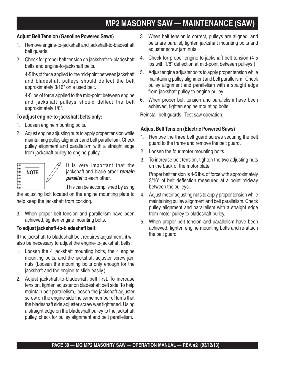 Mp2 masonry saw — maintenance (saw) | Multiquip MP2090HP User Manual | Page 30 / 42