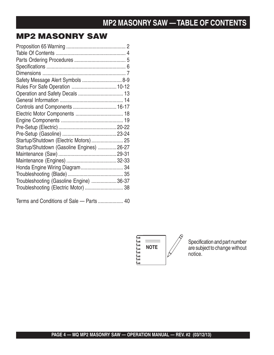 Mp2 masonry saw — table of contents, Mp2 masonry saw | Multiquip MP2090HP User Manual | Page 4 / 42