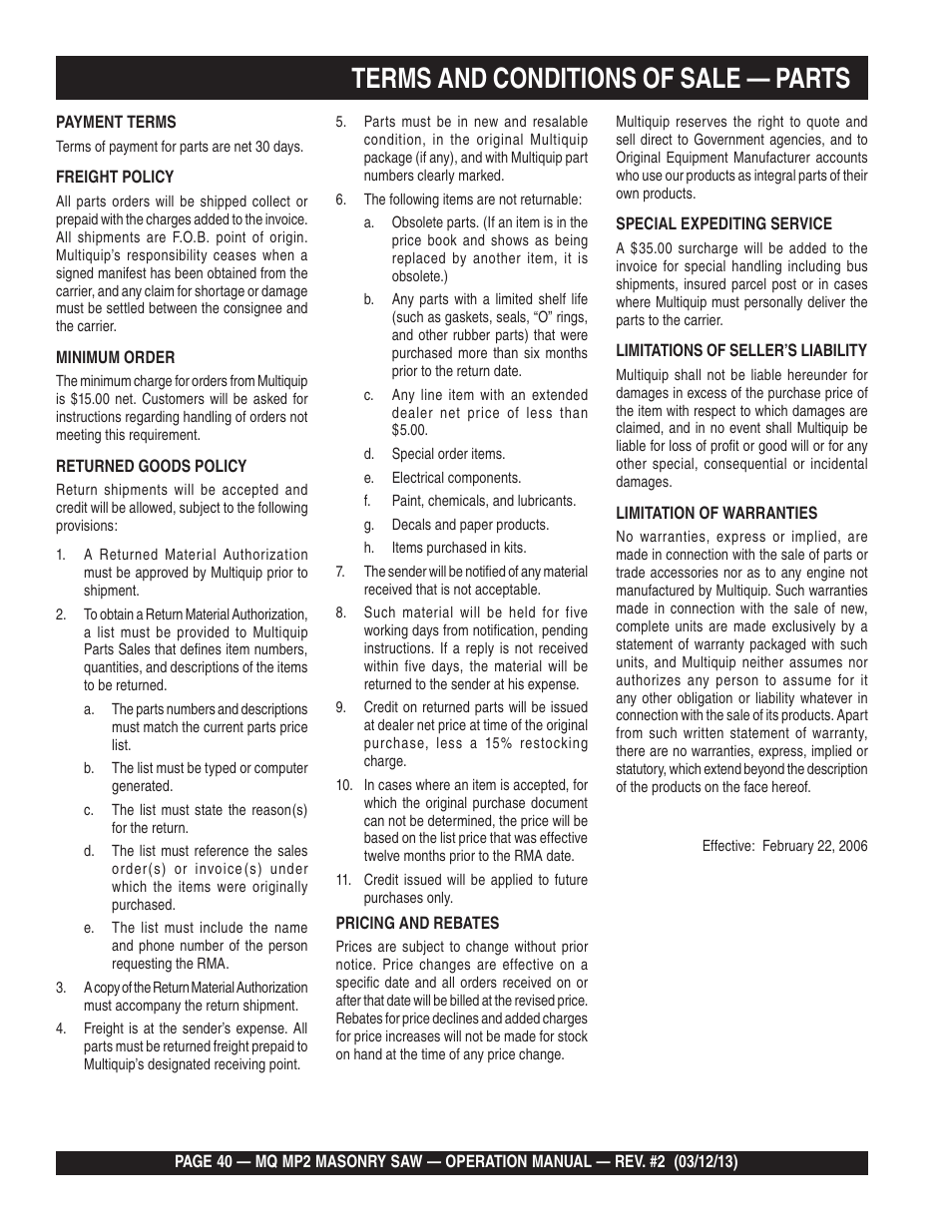 Terms and conditions of sale — parts | Multiquip MP2090HP User Manual | Page 40 / 42