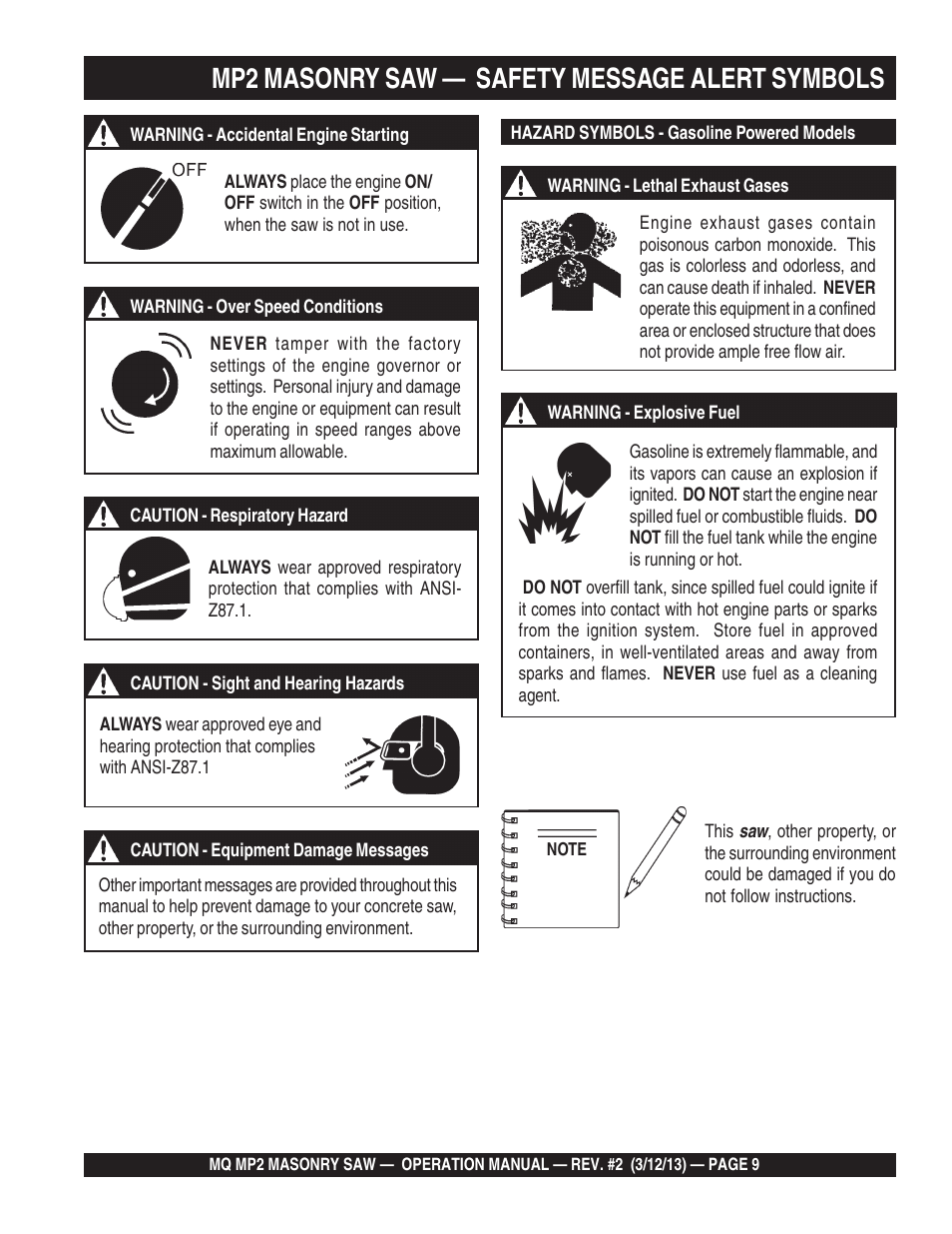 Mp2 masonry saw — safety message alert symbols | Multiquip MP2090HP User Manual | Page 9 / 42