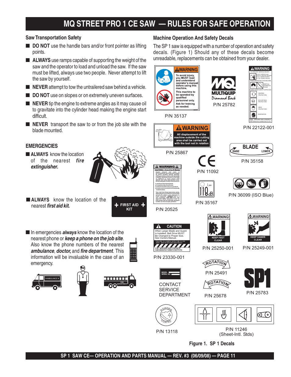Mq street pro 1 ce saw — rules for safe operation, Fire extinguisher, First aid kit | Keep a phone on the job site, Ambulance, Doctor, Fire department, Always know the location of the nearest, Know the location of the nearest phone or, Also know the phone numbers of the nearest | Multiquip SP1CE13H18 User Manual | Page 11 / 82