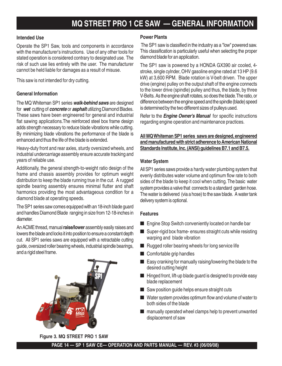 Mq street pro 1 ce saw — general information | Multiquip SP1CE13H18 User Manual | Page 14 / 82