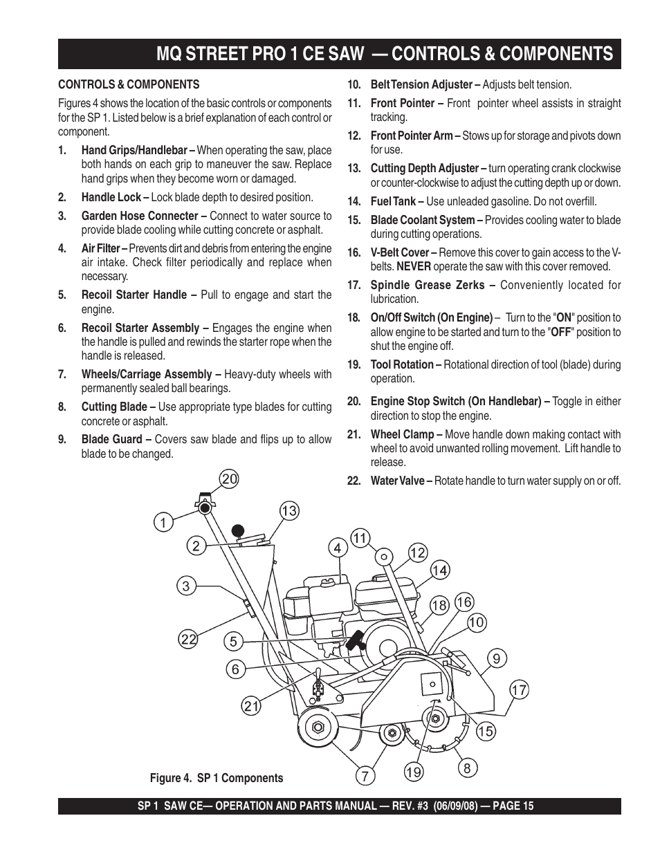 Mq street pro 1 ce saw — controls & components | Multiquip SP1CE13H18 User Manual | Page 15 / 82