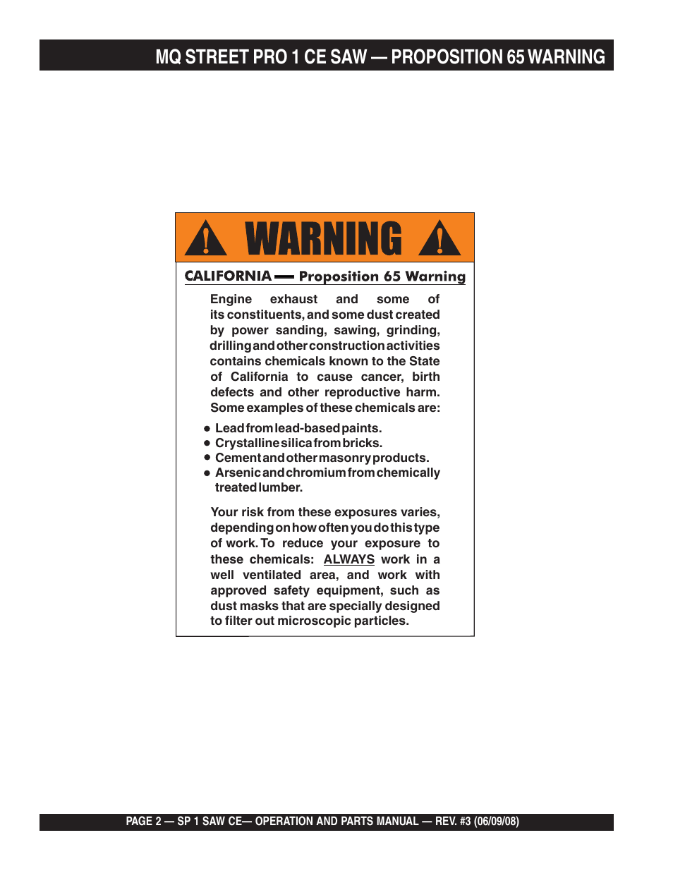 Mq street pro 1 ce saw — proposition 65 warning | Multiquip SP1CE13H18 User Manual | Page 2 / 82