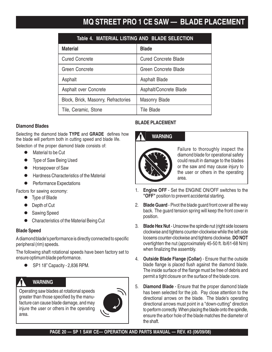 Mq street pro 1 ce saw — blade placement | Multiquip SP1CE13H18 User Manual | Page 20 / 82