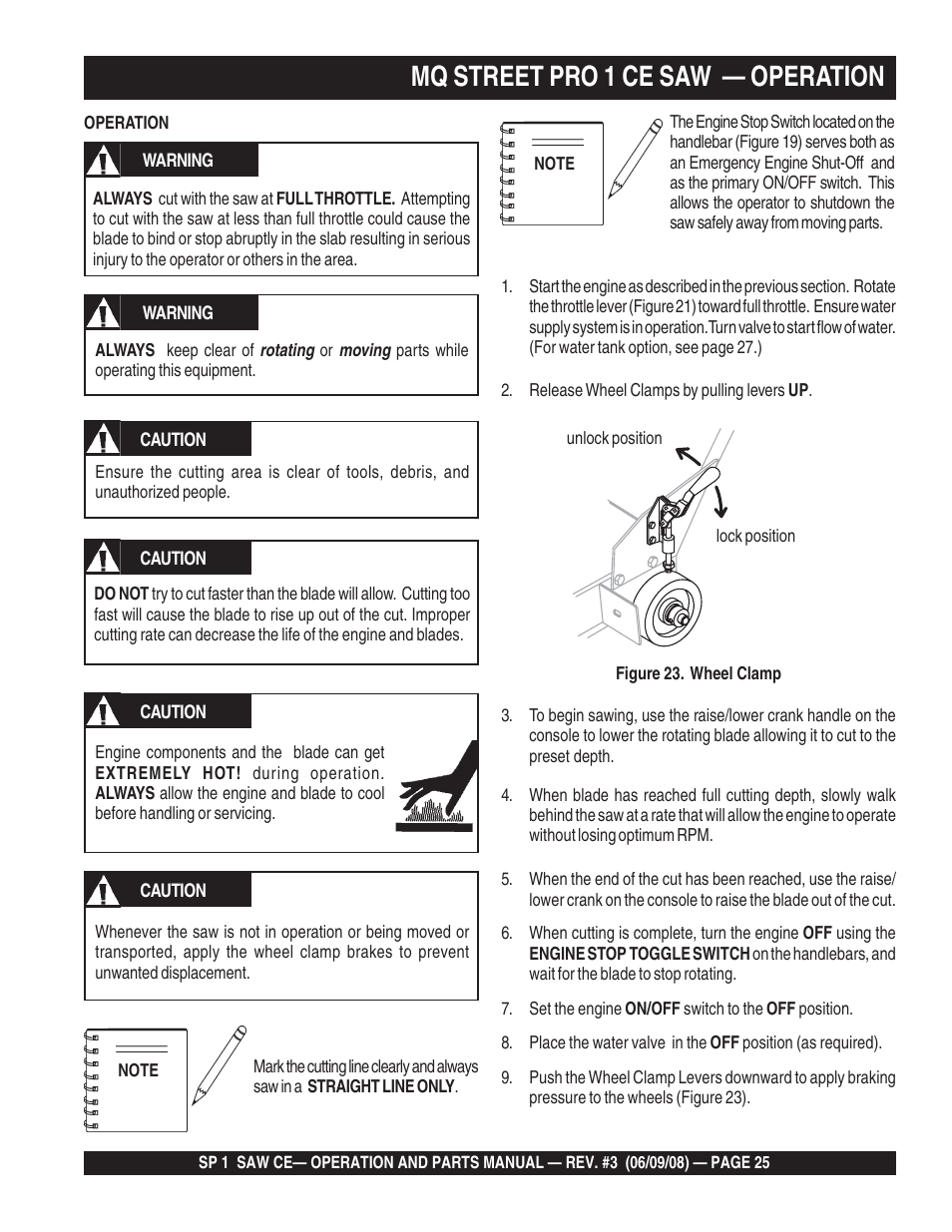 Mq street pro 1 ce saw — operation | Multiquip SP1CE13H18 User Manual | Page 25 / 82