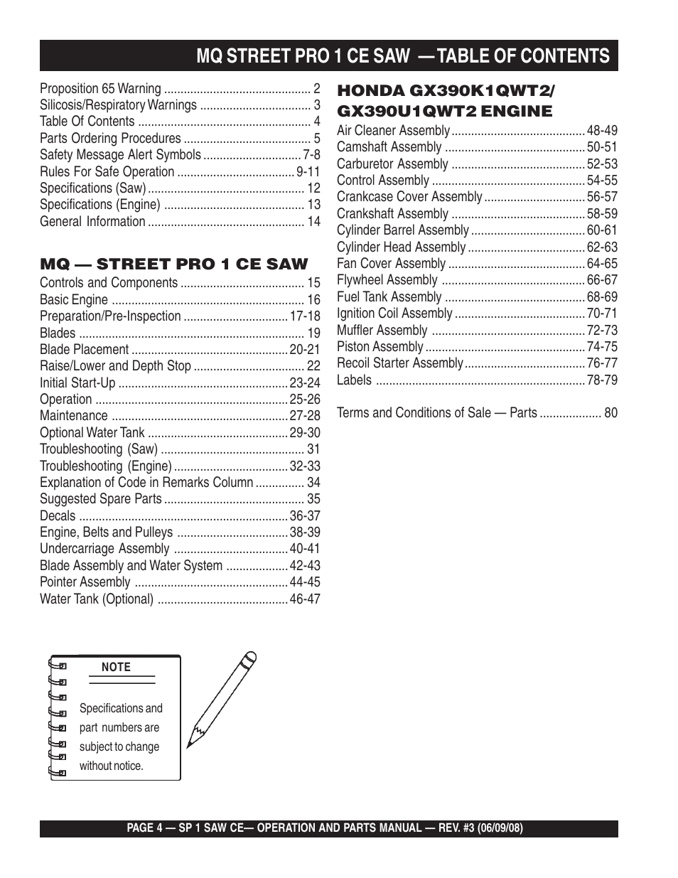 Mq street pro 1 ce saw — table of contents | Multiquip SP1CE13H18 User Manual | Page 4 / 82