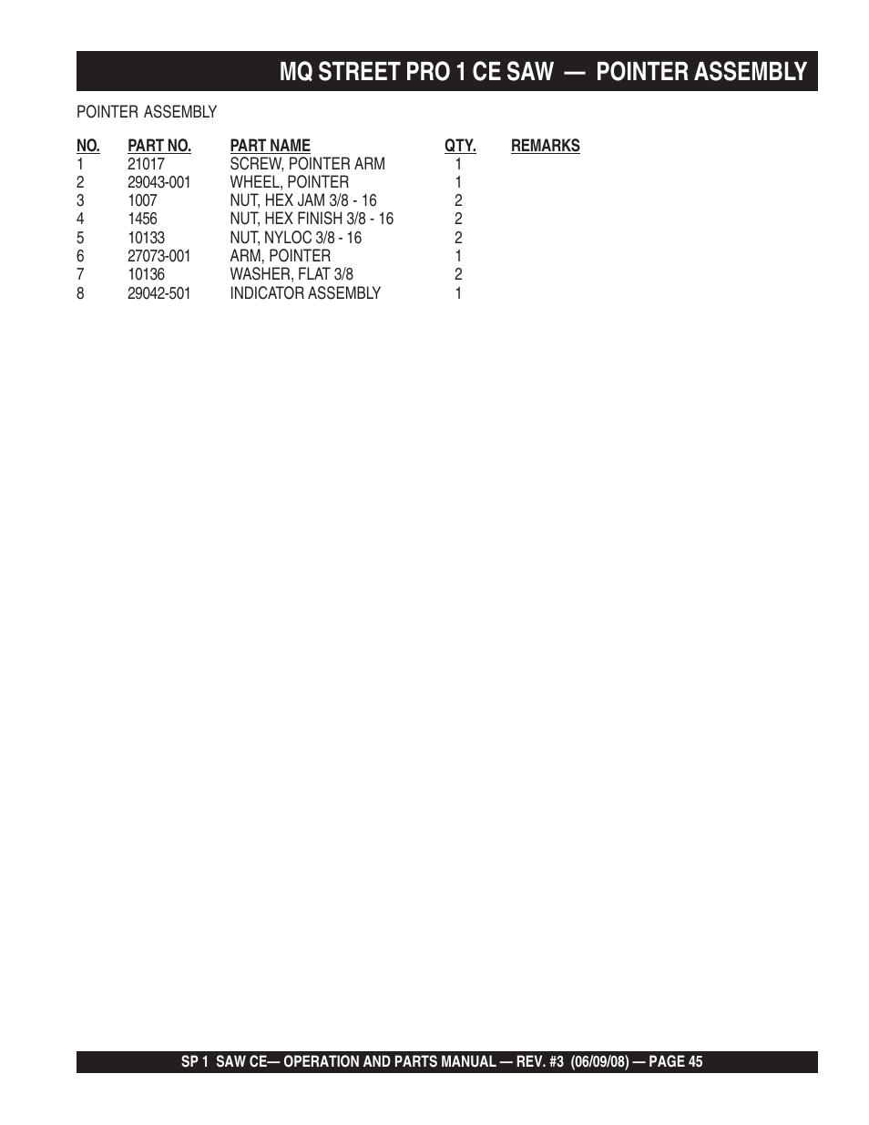 Mq street pro 1 ce saw, Pointer assembly | Multiquip SP1CE13H18 User Manual | Page 45 / 82