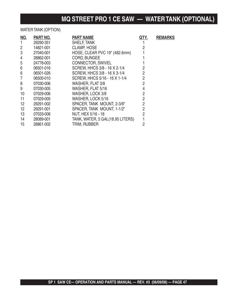 Mq street pro 1 ce saw, Water tank (optional) | Multiquip SP1CE13H18 User Manual | Page 47 / 82