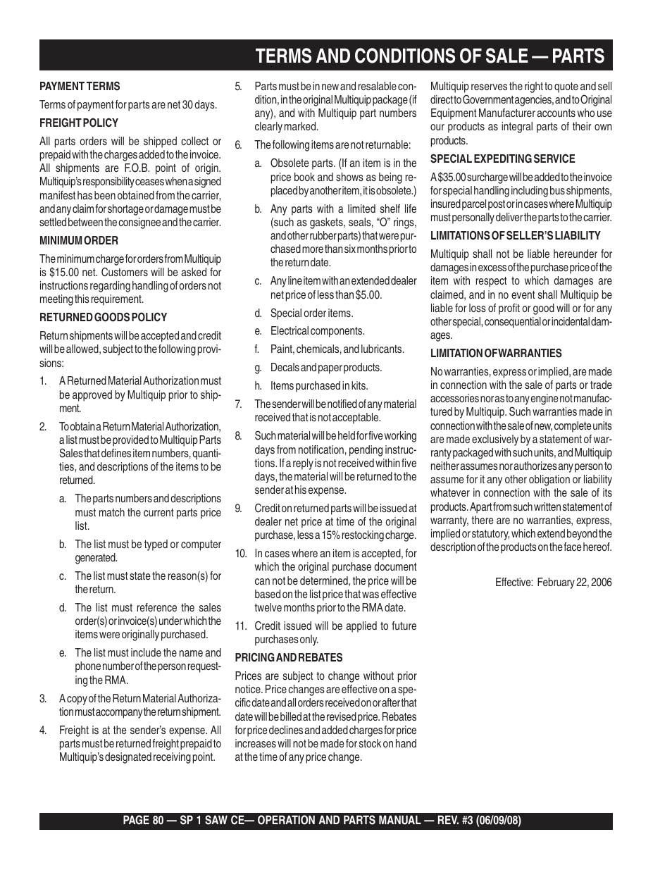 Terms and conditions of sale — parts | Multiquip SP1CE13H18 User Manual | Page 80 / 82