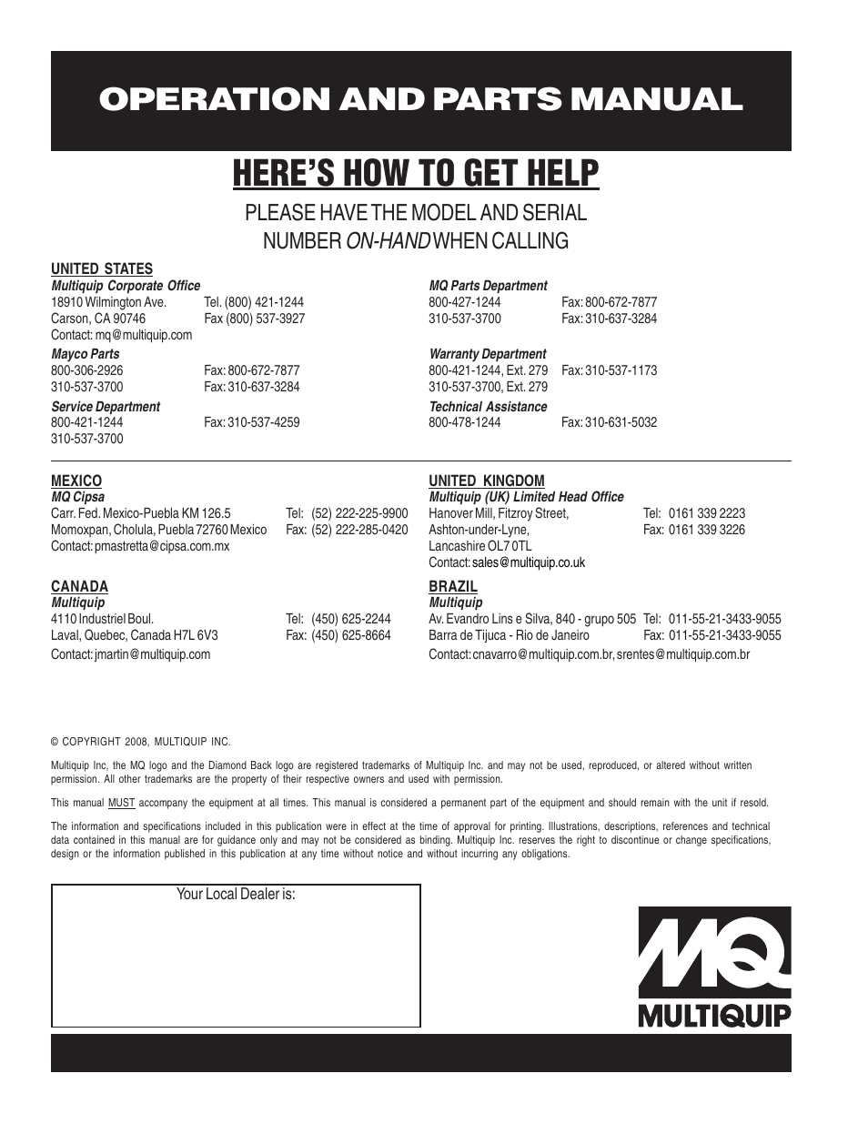 Here’s how to get help, Operation and parts manual, On-hand | Please have the model and serial number, When calling | Multiquip SP1CE13H18 User Manual | Page 82 / 82
