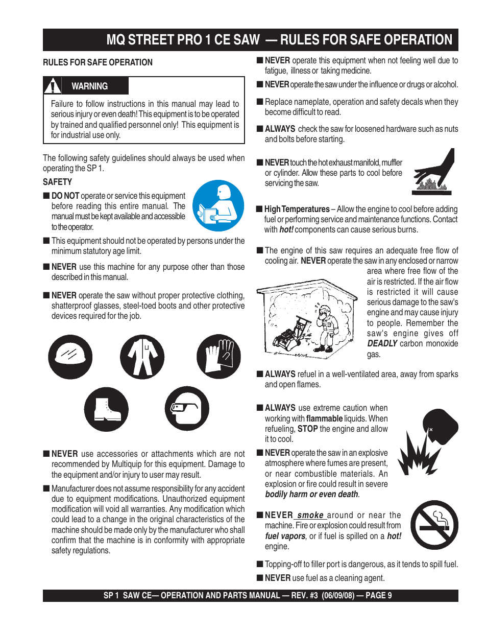Mq street pro 1 ce saw — rules for safe operation | Multiquip SP1CE13H18 User Manual | Page 9 / 82