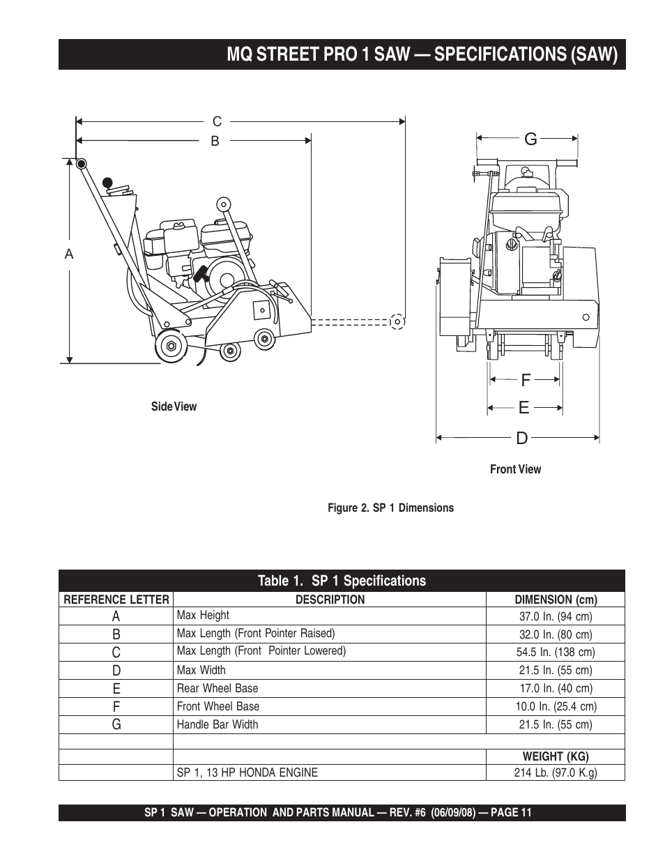 Mq street pro 1 saw — specifications (saw), Fg d e | Multiquip SP15E16 User Manual | Page 11 / 76