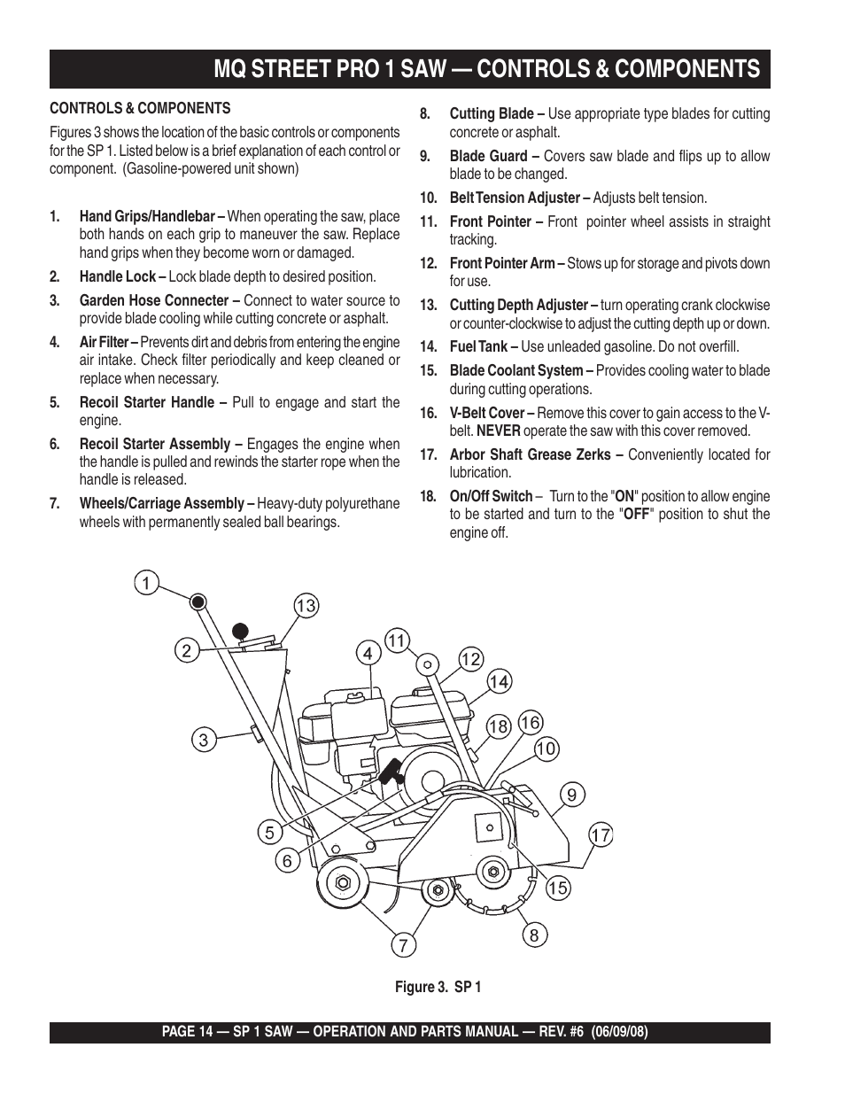 Mq street pro 1 saw — controls & components | Multiquip SP15E16 User Manual | Page 14 / 76