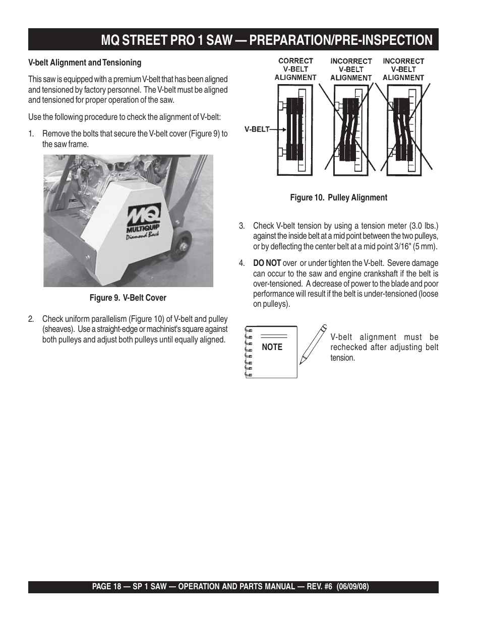 Mq street pro 1 saw — preparation/pre-inspection | Multiquip SP15E16 User Manual | Page 18 / 76