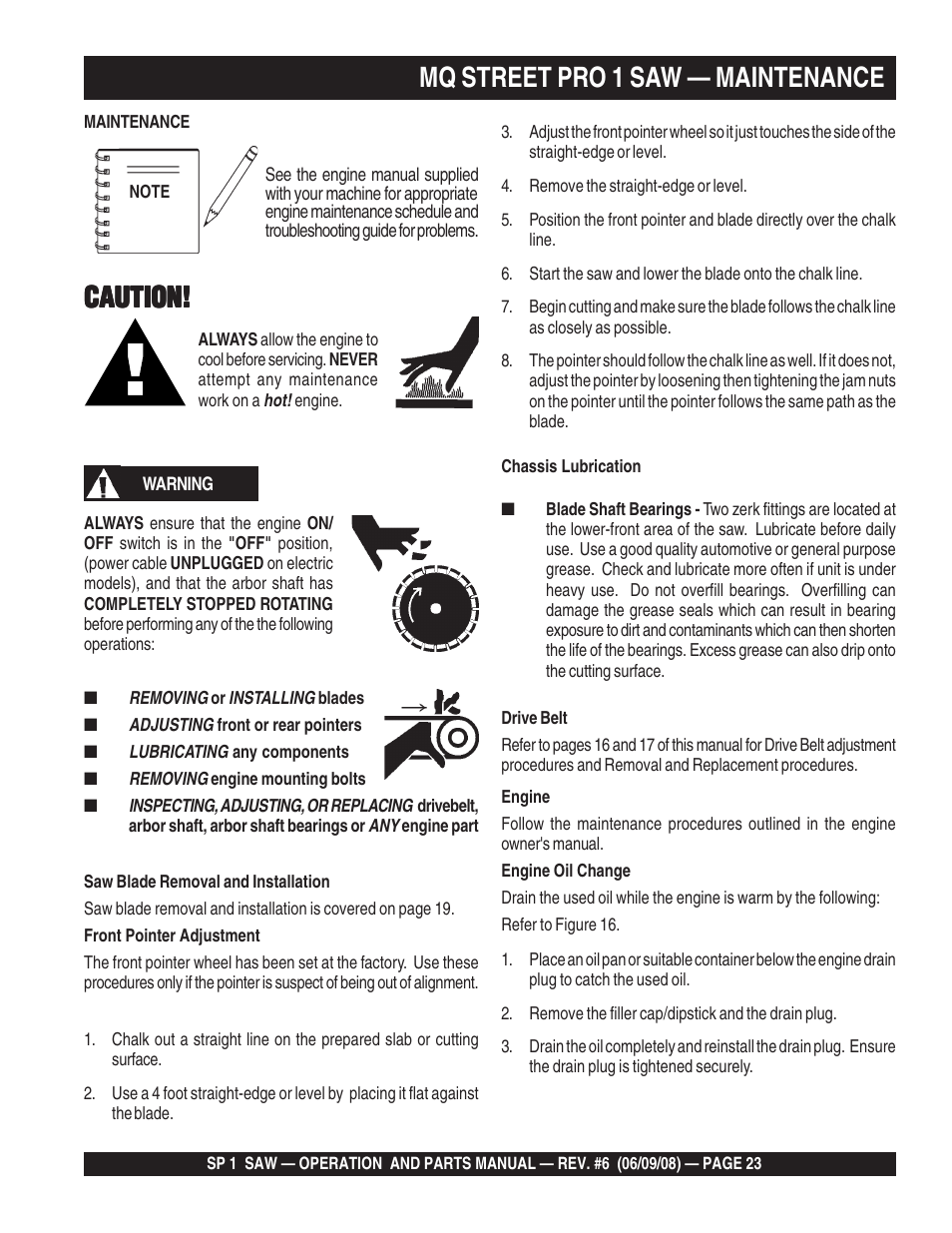 Caution, Mq street pro 1 saw — maintenance | Multiquip SP15E16 User Manual | Page 23 / 76