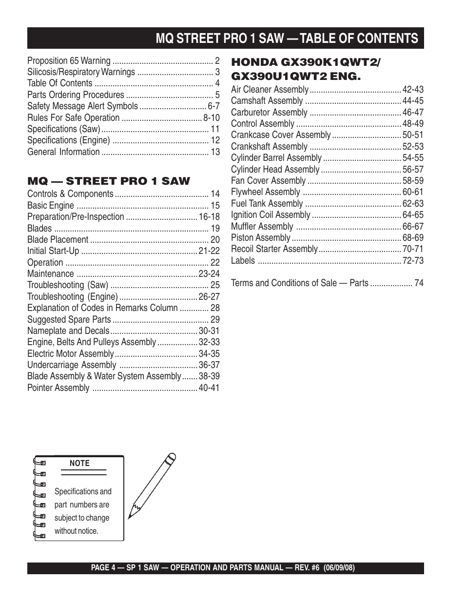 Mq street pro 1 saw — table of contents | Multiquip SP15E16 User Manual | Page 4 / 76