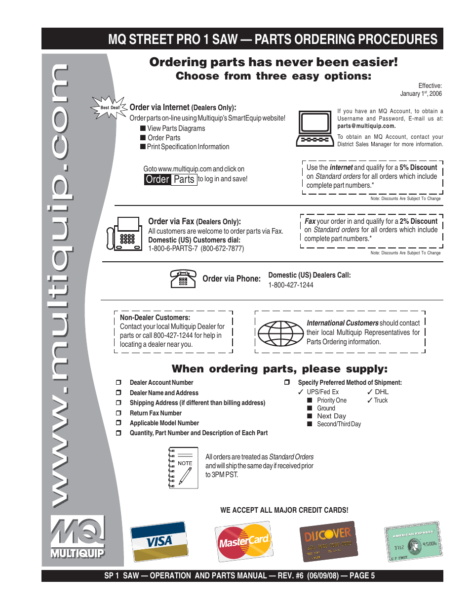 Mq street pro 1 saw — parts ordering procedures, Ordering parts has never been easier, Choose from three easy options | When ordering parts, please supply, Order parts | Multiquip SP15E16 User Manual | Page 5 / 76