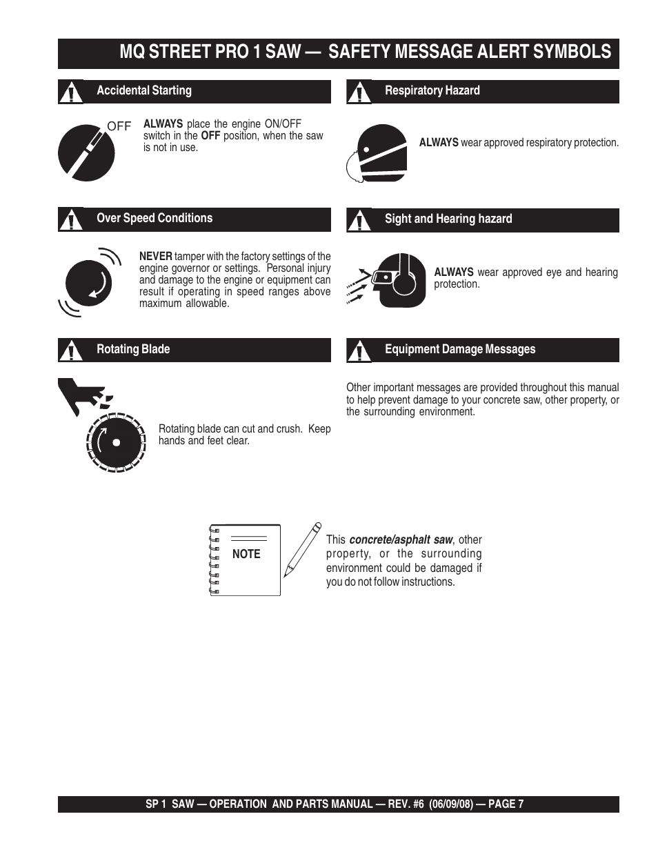 Mq street pro 1 saw — safety message alert symbols | Multiquip SP15E16 User Manual | Page 7 / 76