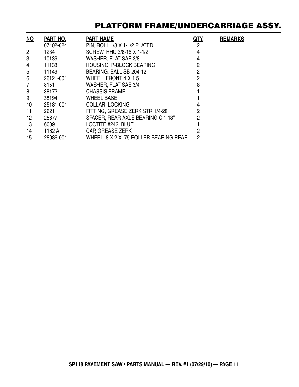 Platform frame/undercarriage assy | Multiquip SP118 User Manual | Page 11 / 66