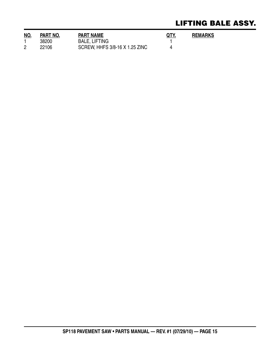 Lifting bale assy | Multiquip SP118 User Manual | Page 15 / 66