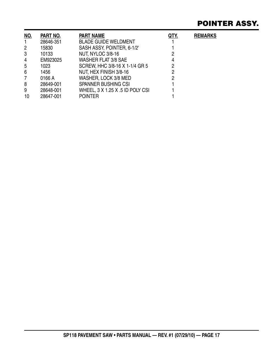 Pointer assy | Multiquip SP118 User Manual | Page 17 / 66