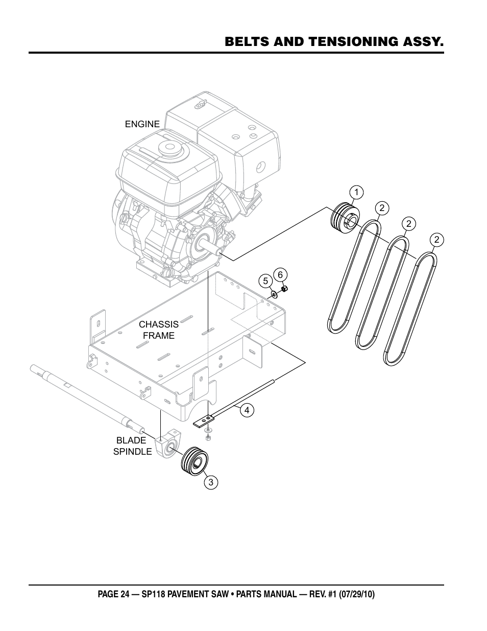 Belts and tensioning assy | Multiquip SP118 User Manual | Page 24 / 66