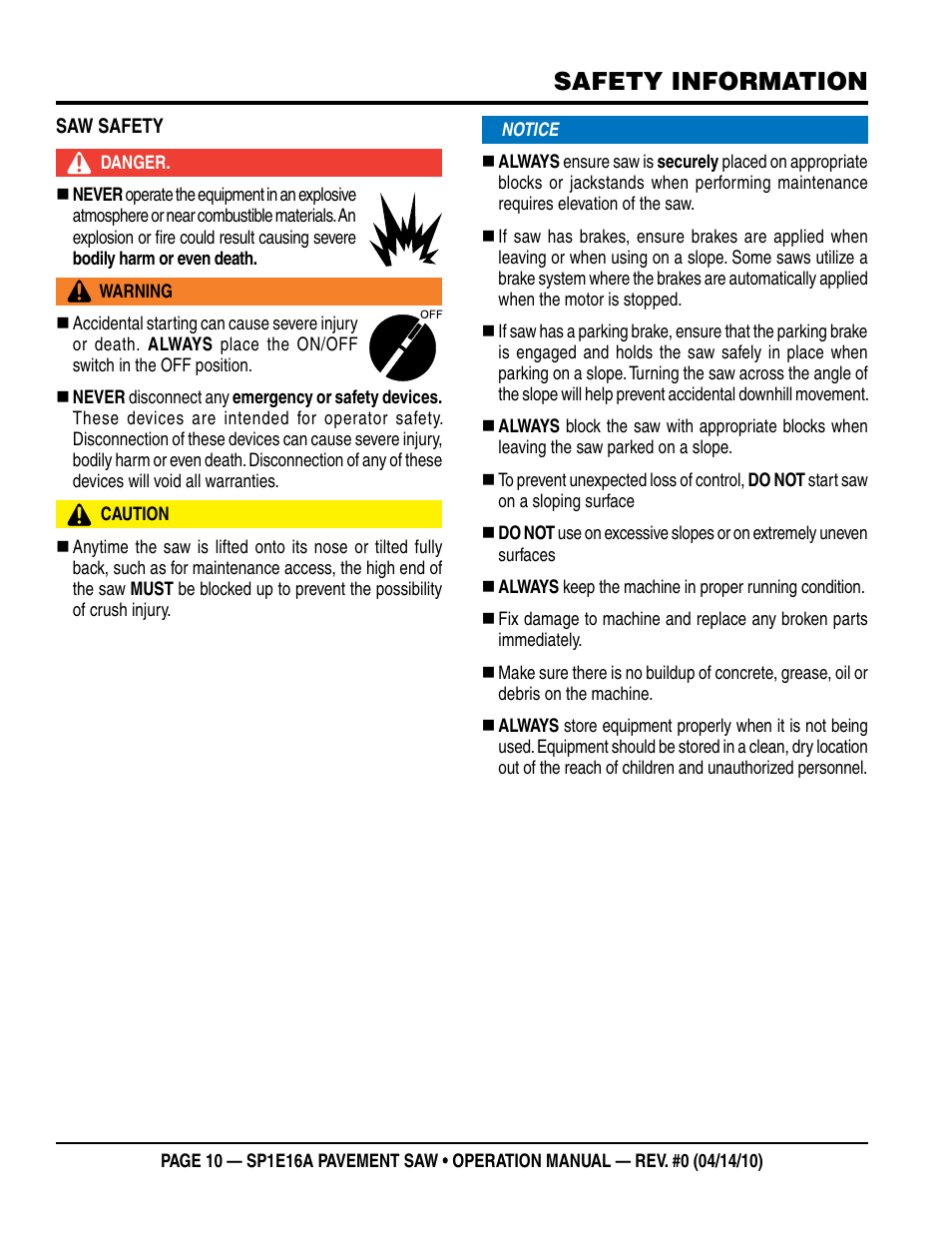 Safety information | Multiquip SP1E16A User Manual | Page 10 / 24