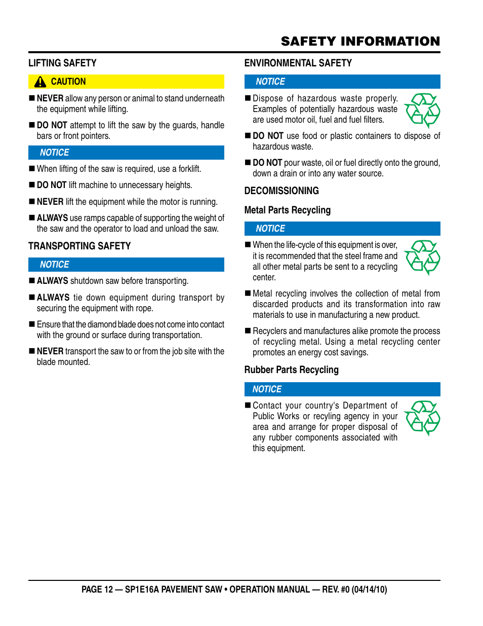 Safety information | Multiquip SP1E16A User Manual | Page 12 / 24