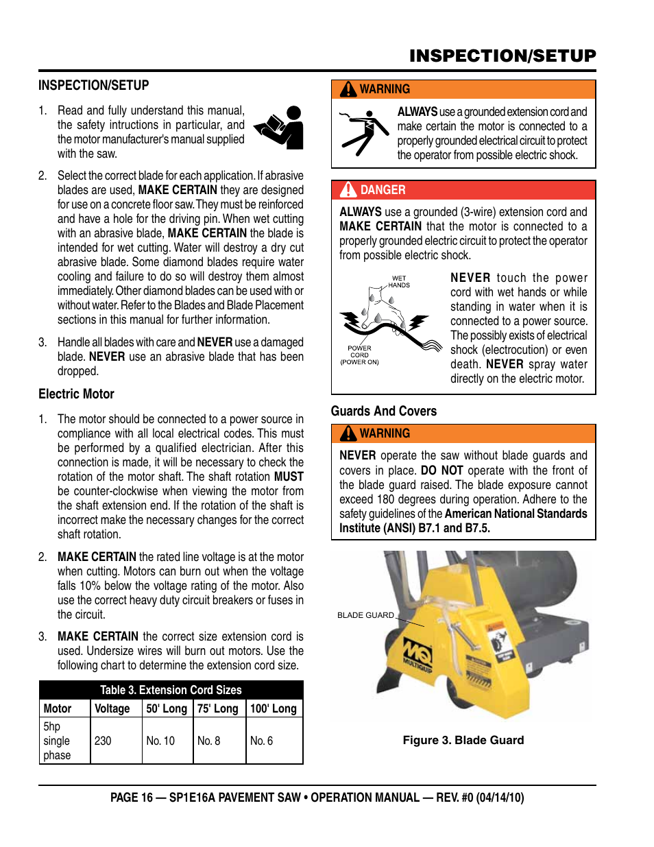 Inspection/setup | Multiquip SP1E16A User Manual | Page 16 / 24