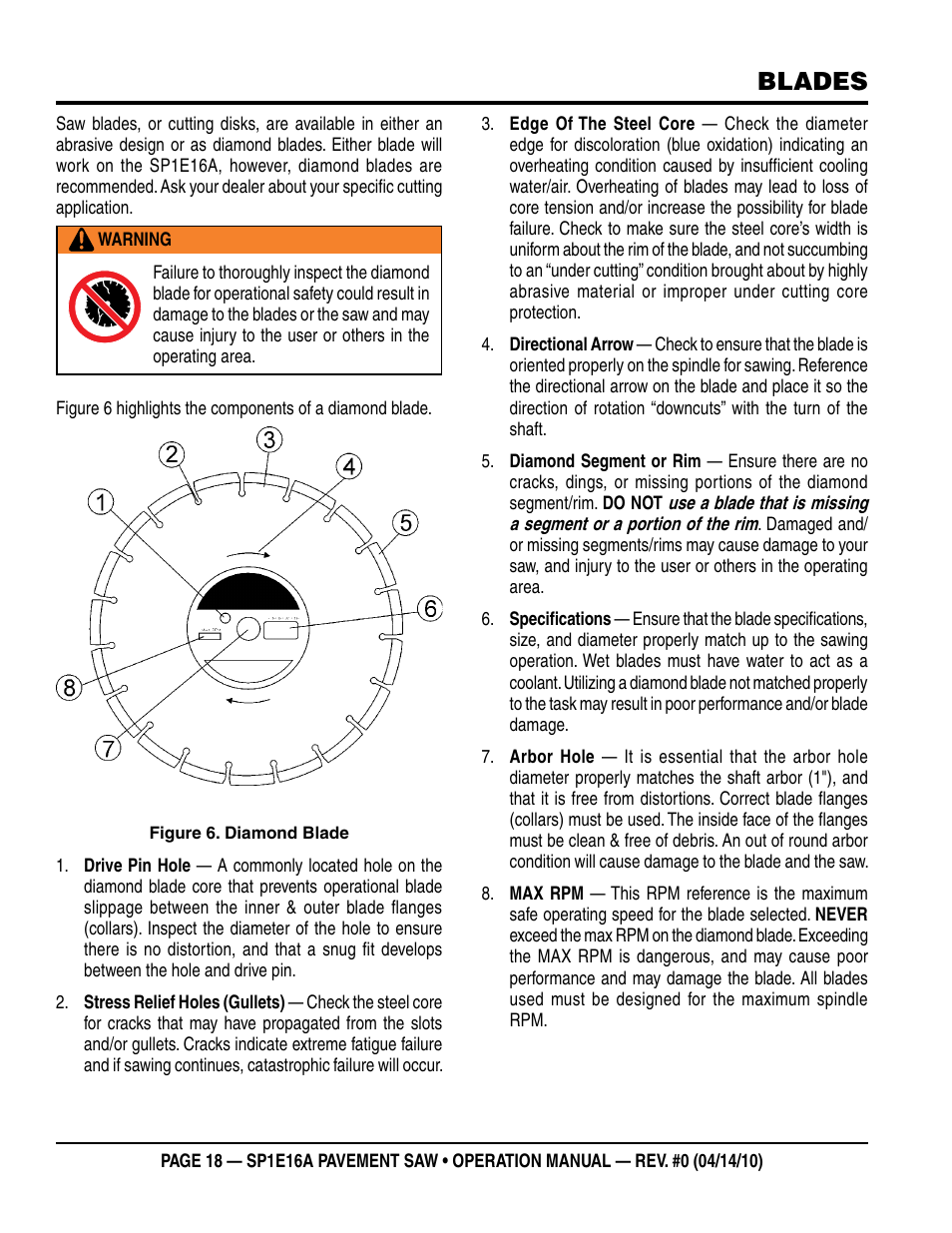 Blades | Multiquip SP1E16A User Manual | Page 18 / 24