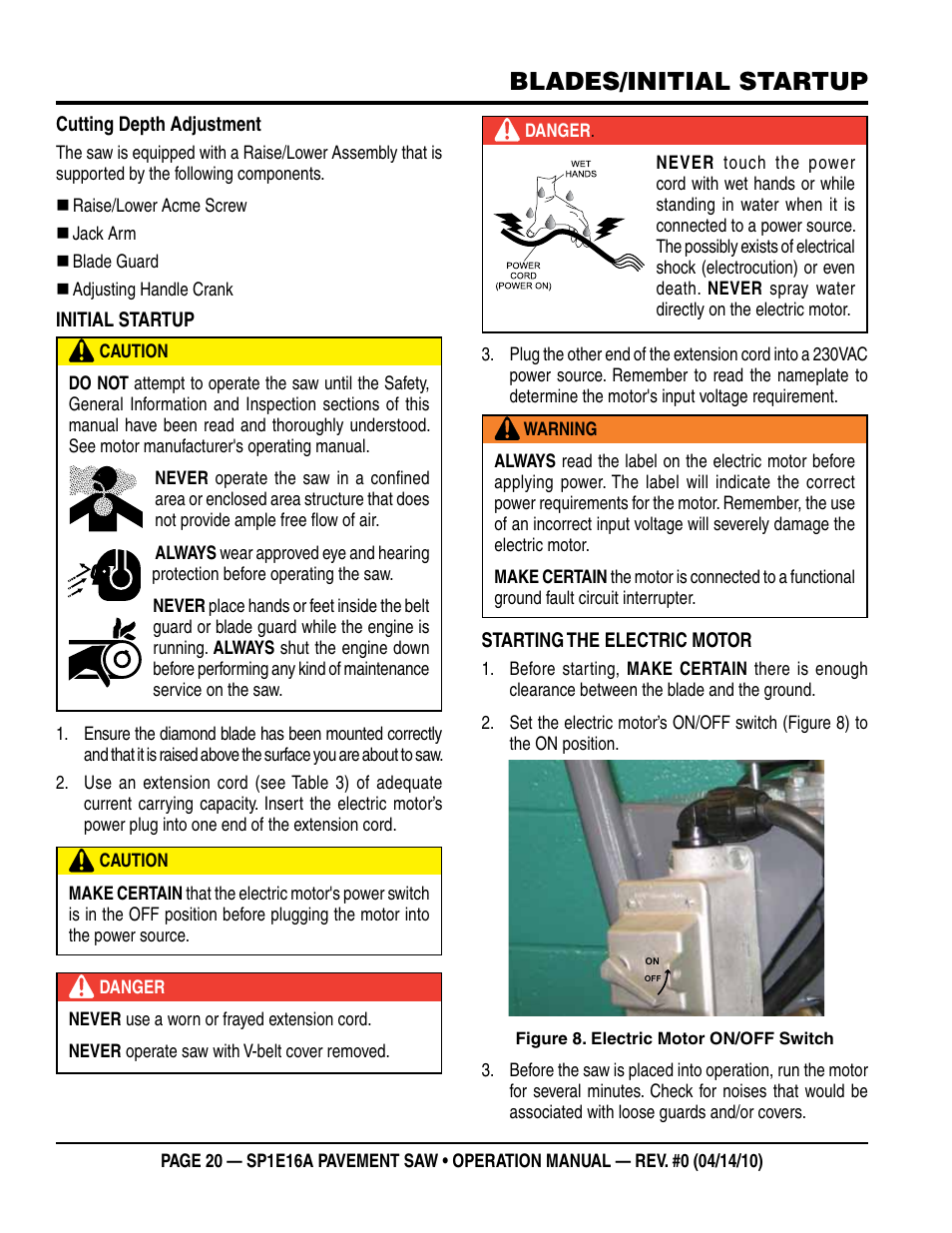 Blades/initial startup | Multiquip SP1E16A User Manual | Page 20 / 24