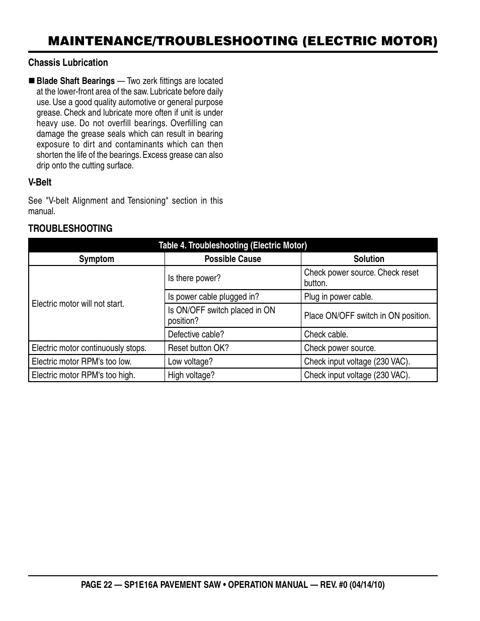 Maintenance/troubleshooting (electric motor) | Multiquip SP1E16A User Manual | Page 22 / 24