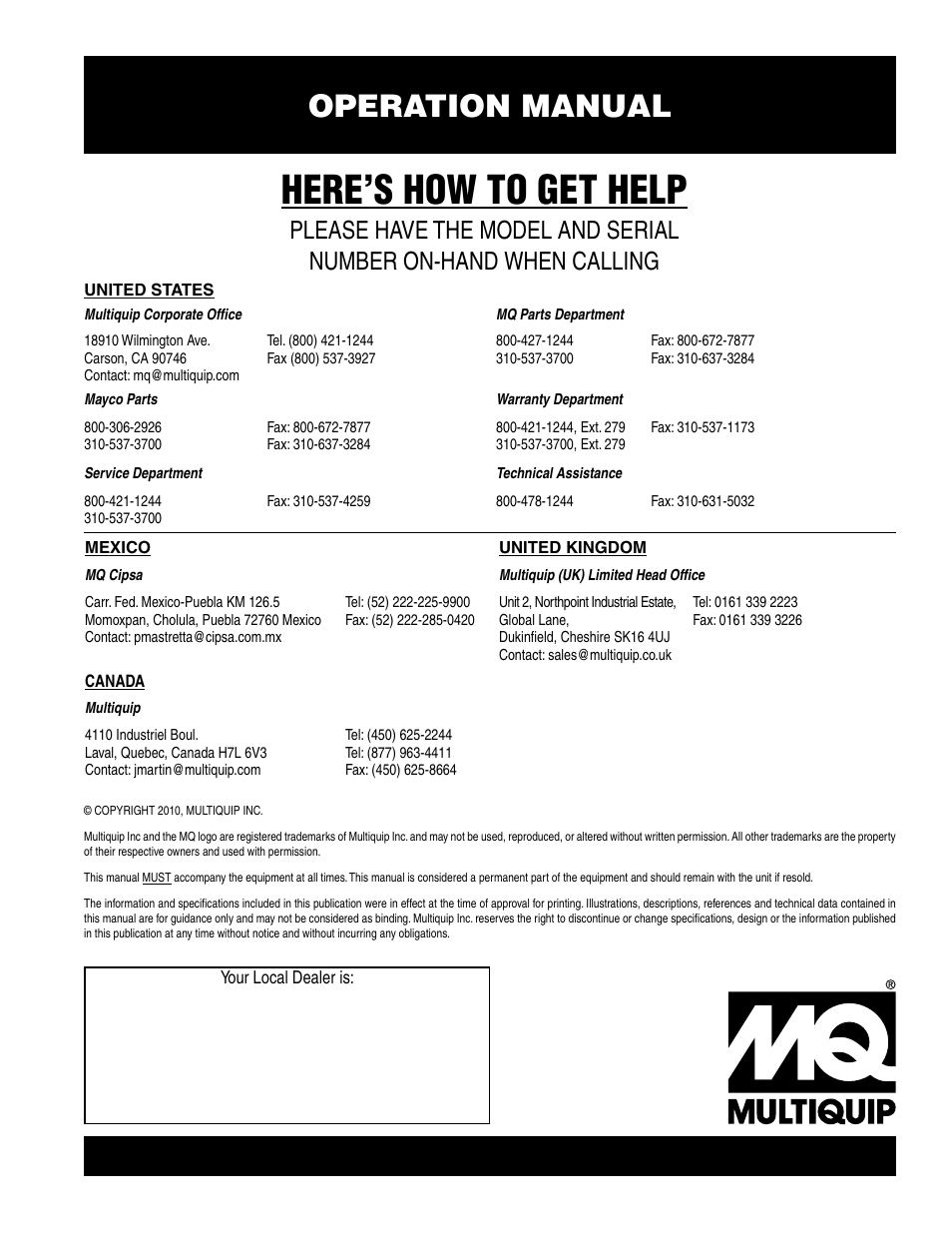 Here’s how to get help, Operation manual | Multiquip SP1E16A User Manual | Page 24 / 24