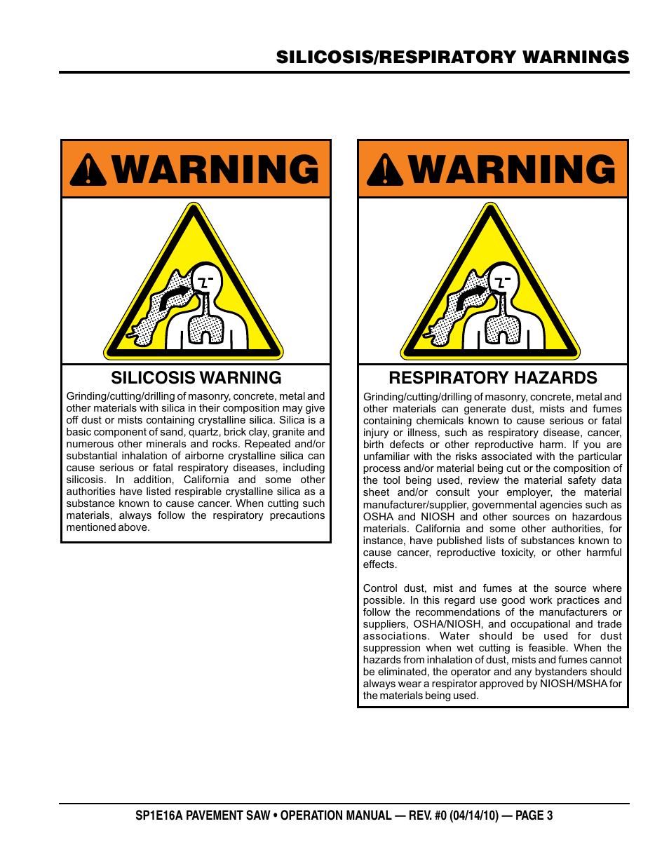 Warning | Multiquip SP1E16A User Manual | Page 3 / 24