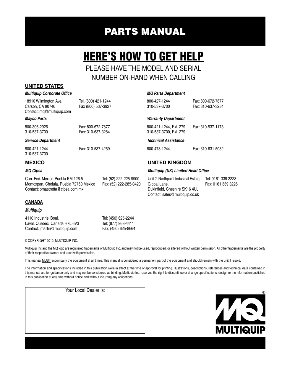 Here’s how to get help, Parts manual | Multiquip SP1E16A User Manual | Page 18 / 18