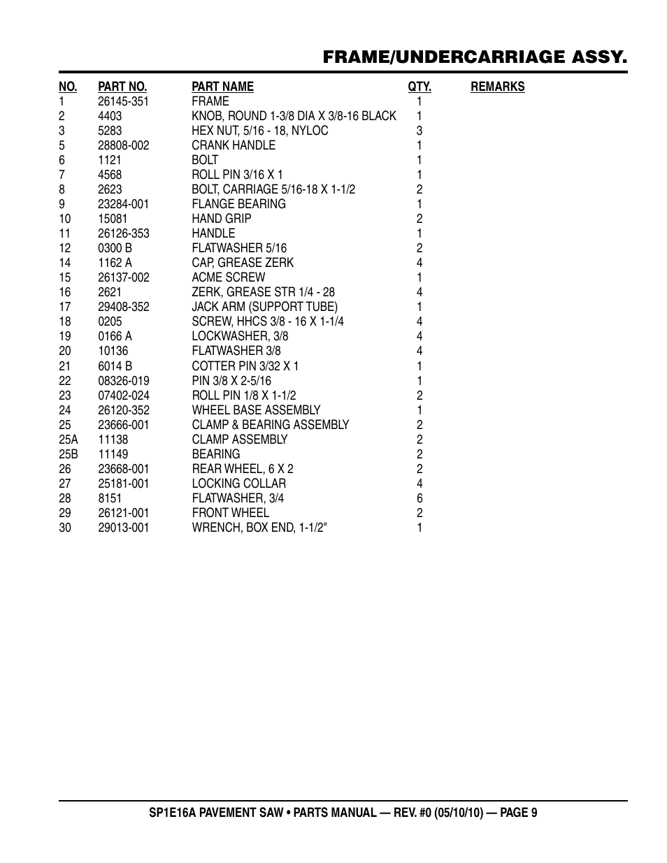 Frame/undercarriage assy | Multiquip SP1E16A User Manual | Page 9 / 18