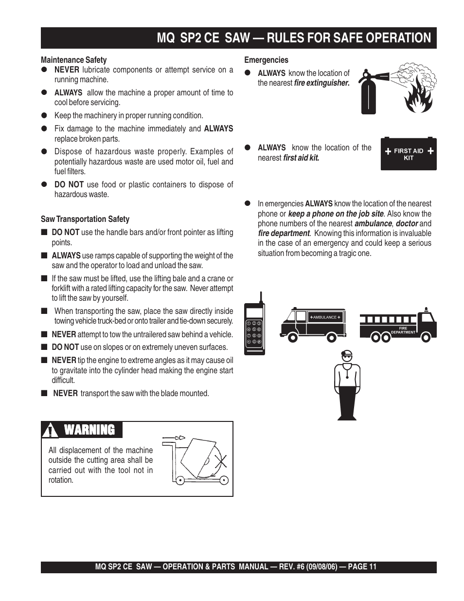 Mq sp2 ce saw — rules for safe operation, Warning | Multiquip SP2 SCE20H20 User Manual | Page 11 / 158