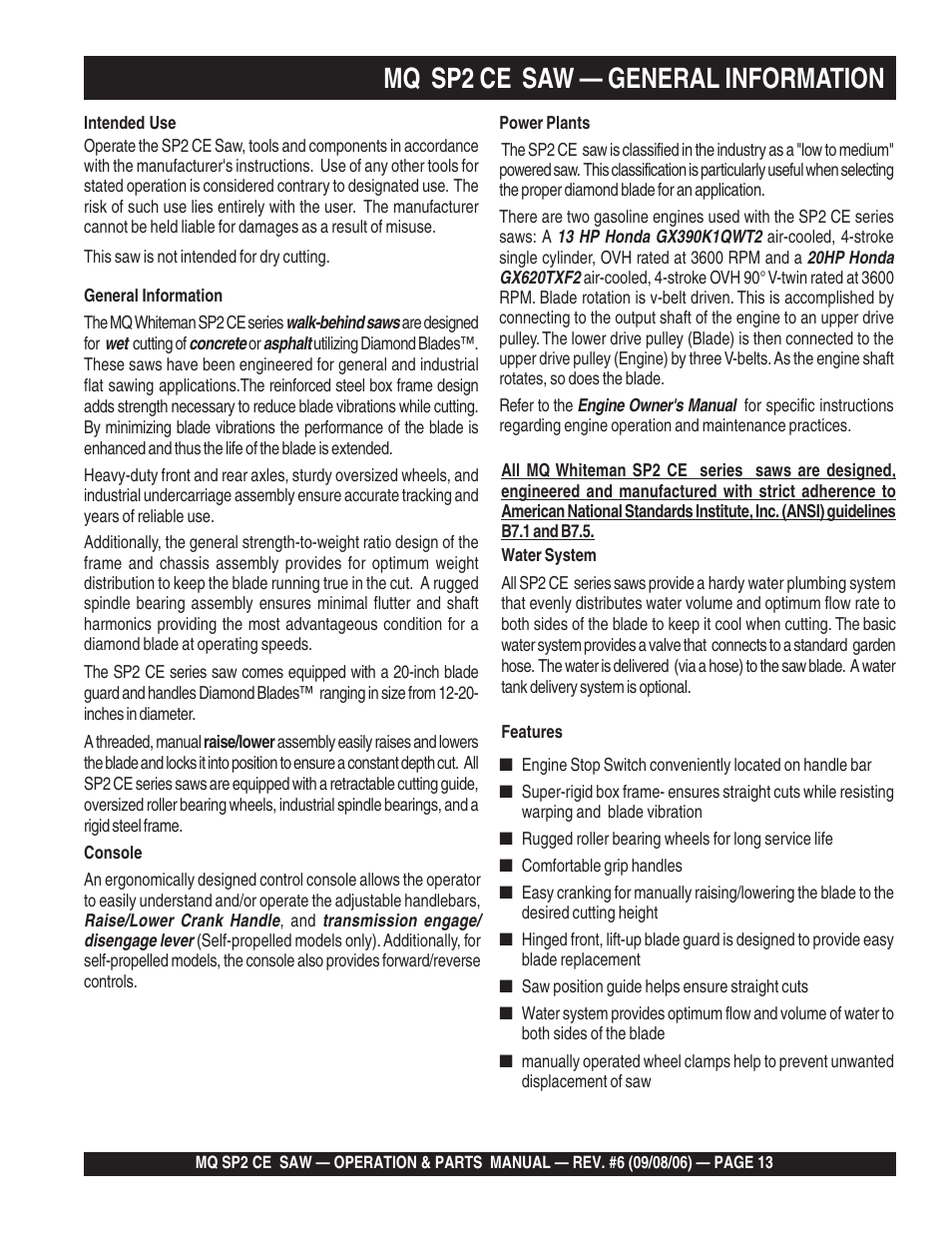 Mq sp2 ce saw — general information | Multiquip SP2 SCE20H20 User Manual | Page 13 / 158