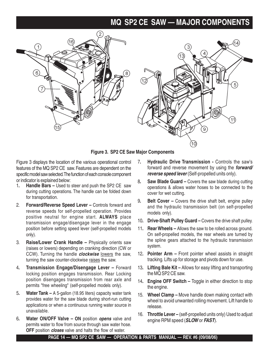 Mq sp2 ce saw — major components | Multiquip SP2 SCE20H20 User Manual | Page 14 / 158