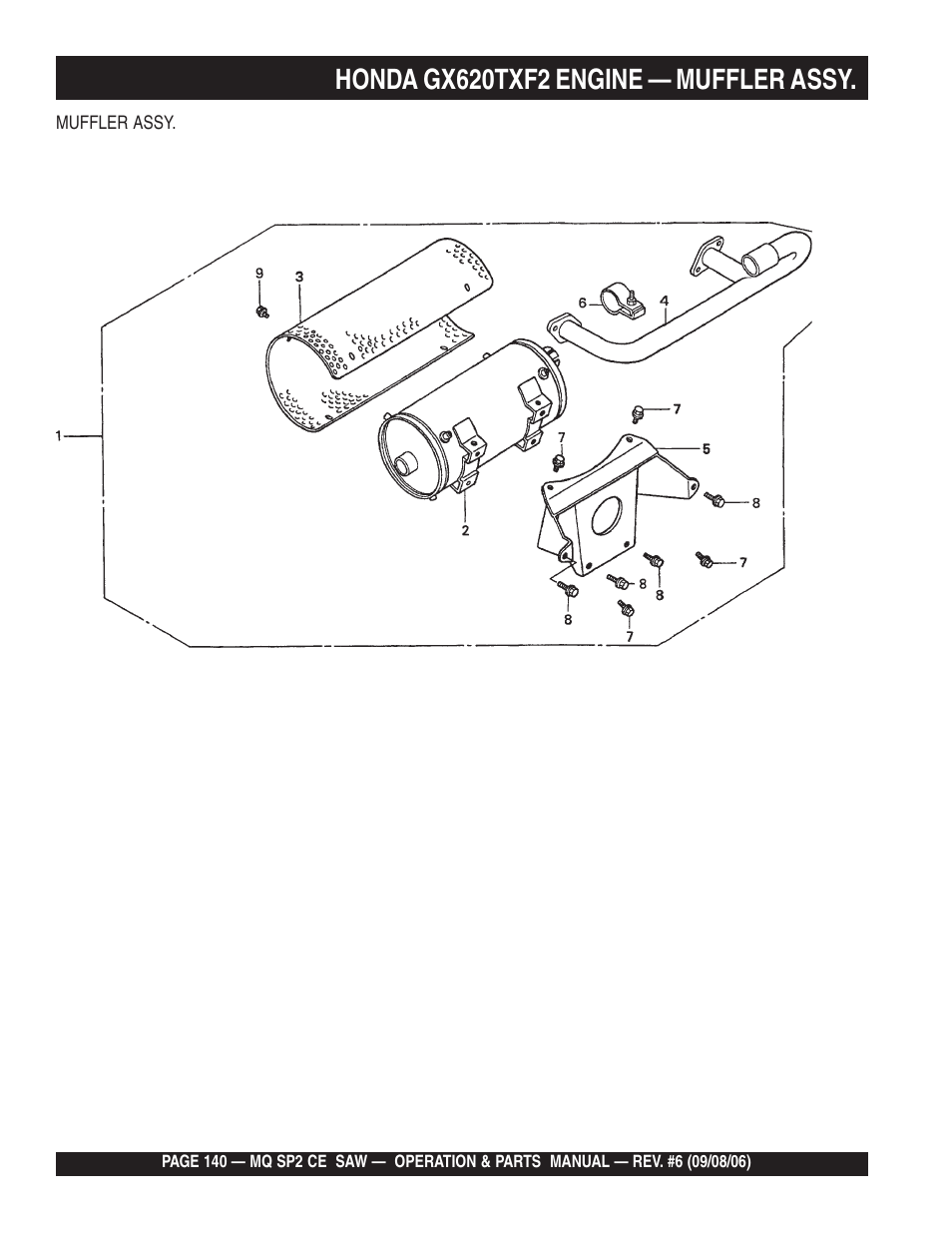 Honda gx620txf2 engine — muffler assy | Multiquip SP2 SCE20H20 User Manual | Page 140 / 158