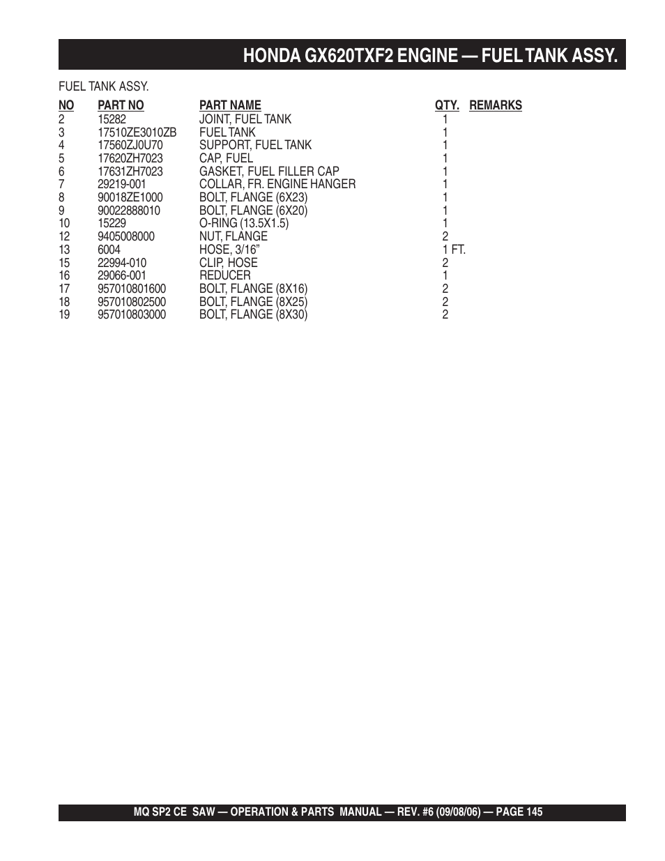 Honda gx620txf2 engine — fuel tank assy | Multiquip SP2 SCE20H20 User Manual | Page 145 / 158
