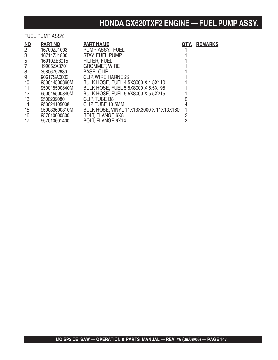 Honda gx620txf2 engine — fuel pump assy | Multiquip SP2 SCE20H20 User Manual | Page 147 / 158